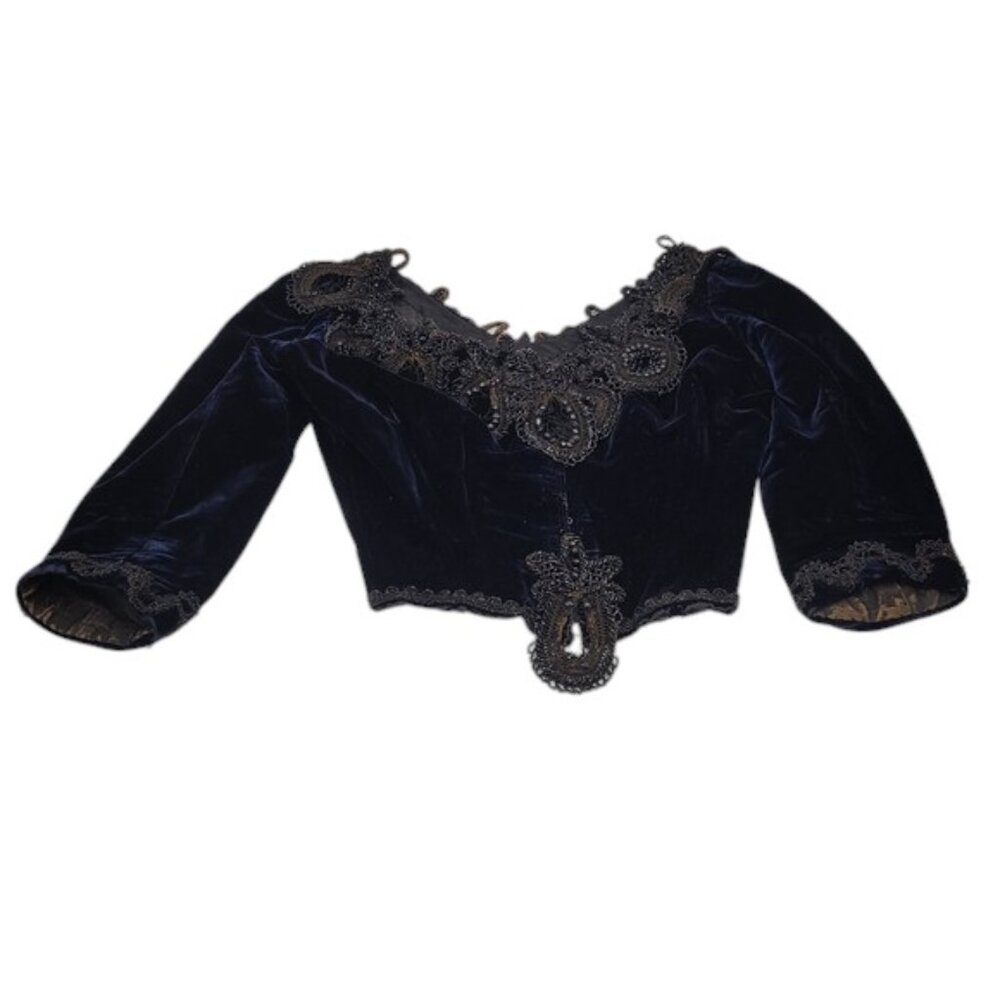 Antique Navy Blue Velvet Dress Top 1800's - 1900's Ornate Detail Lace Bead Trim